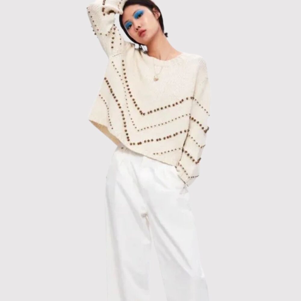 Zara Womens Sweater Beige Beaded Relaxed Knit Pullover Jumper Long Sleeve Medium